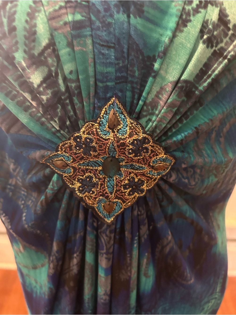 R&M Richards Teal & Navy Sleeveless V-Neck Maxi Dress with Decorative Medallion - Picture 2 of 8